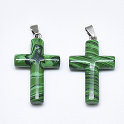 Malachite Synthetic Malachite Pendants, with Stainless Steel Snap On Bails, Cross, Stainless Steel Color, 44~46x28x8mm, Hole: 3~4x7~8.5mm