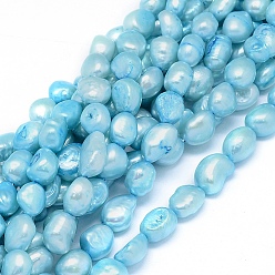 Sky Blue Dyed Natural Cultured Freshwater Pearl Beads Strands, Oval, Sky Blue, 10~15x6~10mm, Hole: 0.8mm, about 30~34pcs/strand, 14.1 inch(36cm)