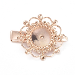 Light Gold Hair Accessories Iron Alligator Hair Clip Findings, with Brass Filigree Flower Cabochon Bezel Settings, Long-Lasting Plated, Light Gold, Tray: 12mm, 34.5mm, Flower: 28mm