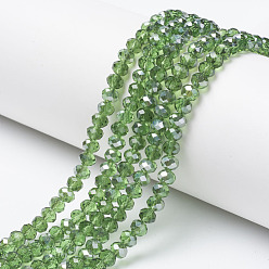 Spring Green Electroplate Transparent Glass Beads Strands, Half Gray Plated, Faceted, Rondelle, Spring Green, 4x3mm, Hole: 0.4mm, about 123~127pcs/strand, 16.5~16.9 inch(42~43cm)