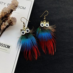 Red Alloy Owl with Feather Dangle Earrings, Long Drop Earrings for Women, Red, 50x50mm