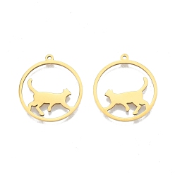 Real 18K Gold Plated Ion Plating(IP) 201 Stainless Steel Pendants, Ring with Cat, Real 18K Gold Plated, 27x25x1.5mm, Hole: 1.4mm