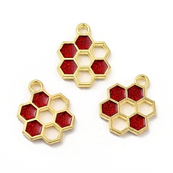 Red Alloy Enamel Pendants, Honeycomb Charm, Golden, Red, 19x15x1.5mm, Hole: 2mm