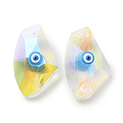 Deep Sky Blue Transparent Glass Beads, with Enamel, Faceted, Polygon with Evil Eye Pattern, Deep Sky Blue, 23.5x38x13mm, Hole: 2mm