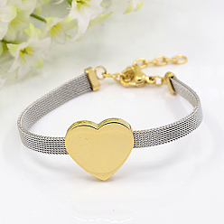 Golden Fashionable 304 Stainless Steel Bracelets, with Lobster Claw Clasps, Heart, Golden, 7-1/8 inch(180mm), 6mm