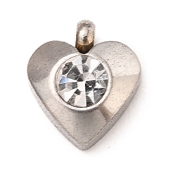 Crystal 304 Stainless Steel Charms, with Acrylic Rhinestone, Faceted, Birthstone Charms, Heart, Stainless Steel Color, Crystal, 8.2x7.2x3.2mm, Hole: 1mm