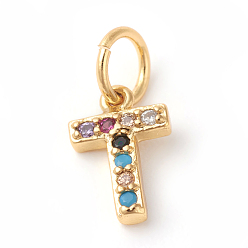 Letter T Brass Micro Pave Colorful Cubic Zirconia Charms, Golden, Letter.T, 9x6x2mm, Hole: 3mm