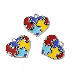 Colorful Alloy Enamel Pendants, Heart with Autism Puzzle Pattern Charm, Platinum, Colorful, 19x20.5x1mm, Hole: 2mm