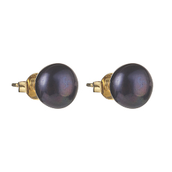 Black Natural Pearl Rondelle Stud Earrings, 304 Stainless Steel Earring Post, Golden, Black, 7~7.5mm, Pin: 0.7mm
