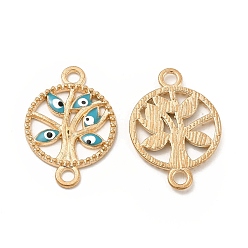 Teal Alloy Enamel Connector Charms, Flat Round Tree Links with Evil Eye, Light Gold, Nickel, Teal, 23.5x16.5x2mm, Hole: 2mm