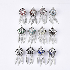 Mixed Color Alloy Cage Big Pendants, Hollow Round, with Synthetic Mixed Stone Round Beads, Antique Silver, Woven Net/Web with Feather, Mixed Color, 57~58x24x22mm, Hole: 8.5x3.5mm, Inner Diameter: 17mm, Bead: 15.5~16mm