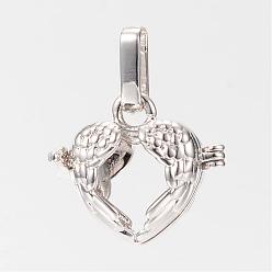 Platinum Rack Plating Brass Cage Pendants, For Chime Ball Pendant Necklaces Making, Heart with Wing, Hollow, Platinum, 18x20.5x12mm, Hole: 3.5x8.5mm, inner measure: 10.5x13.5mm