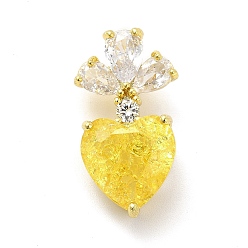 Amarillo Latón micro pavimenta claro colgantes de circonio cúbico, con vidrio, encantos del corazón, real 18 k chapado en oro, amarillo, 24.5x13x12 mm, agujero: 6x4 mm