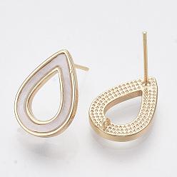 Real 18K Gold Plated Brass Stud Earring Findings, with Shell and Loop, Nickel Free, Teardrop, Creamy White, Real 18K Gold Plated, 15.5x11mm, Hole: 0.9mm, Pin: 0.7mm