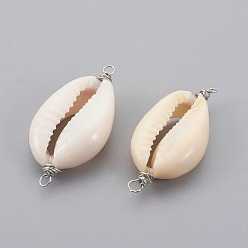 Seashell Color Cowrie Shell Links connectors, with Brass Findings, Silver Color Plated, Seashell, 32~33x15~17x6~8mm, Hole: 1.5mm