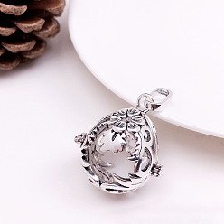 Antique Silver Tibetan Style Brass Bead Cage Pendants, for Chime Ball Pendant Necklaces Making, Hollow Teardrop with Flower Charm, Antique Silver, Inner Diameter: 18mm
