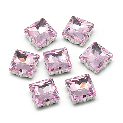 Perlas de Color Rosa Cose en el rhinestone, Enlaces multifilares, diamantes de imitación de cristal, con ajustes de puntas de latón, accesorios de prendas de vestir, facetados, plaza, Platino, rosa perla, 8x8x5.5 mm, agujero: 0.8~1 mm