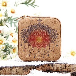 Flower Ethnic Portable Printed Square Cork Wood Jewelry Packaging Zipper Box for Necklaces Earrings Storage, Flower, 12x12x5cm
