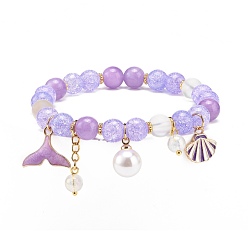 Lilac Synthetic Crackle Quartz & Natural Yellow Jade Beaded Stretch Bracelet, Alloy Whale Tail & Shell Shape & Imitation Pearl Charms Bracelet for Women, Lilac, Pendant: 14x17x3mm, Inner Diameter: 2-1/8 inch(5.4cm)
