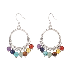 Platinum Natural & Synthetic Mixed Gemstone Chandelier Earrings, 7 Chakra 304 Stainless Steel Jewelry for Women, Platinum, 60mm, Pin: 0.8mm