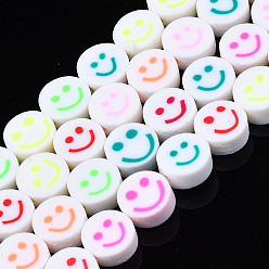 Mixed Color Handmade Polymer Clay Bead Strands, Flat Round with Smiling Face, Mixed Color, 9.5~10x4~5mm, Hole: 1.6mm, about 40pcs/strand, 15.63 inch~15.94 inch(39.7~40.5cm)