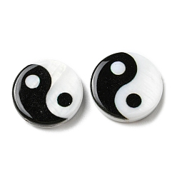 Black Printed Natural Freshwater Shell Beads, Yin Yang Flat Round Beads, Black, 15x3~3.5mm, Hole: 0.7mm