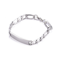 Stainless Steel Color 304 Stainless Steel Figaro Chain ID Bracelets, with Lobster Claw Clasps, Stainless Steel Color, 8-5/8 inch(22cm)