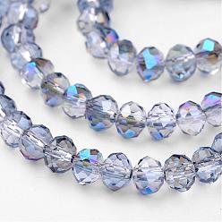 Cornflower Blue Electroplate Glass Bead Strands, Half Rainbow Plated, Faceted Rondelle, Cornflower Blue, 6x4mm, Hole: 1mm, about 85pcs/strand, 16 inch