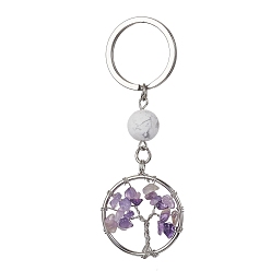 Amethyst Natural Amethyst & Howlite  Chips Flat Round with Tree of Life Kcychain, with 304 Stainless Steel Findings, 8cm