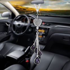 Violet Alloy Heart with Rhinestone Teardrop Tassel Pendant Decorations, for Interior Car Mirror Hanging Decorations, Violet, 250mm