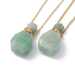 Green Aventurine Openable Faceted Natural Green Aventurine Perfume Bottle Pendant Necklaces for Women, 304 Stainless Steel Cable Chain Necklaces, Golden, 18.50 inch(47cm)