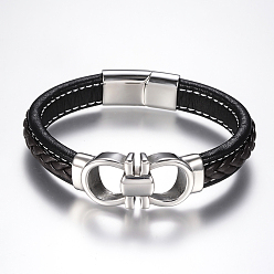 Black Men's Braided Leather Cord Bracelets, with 304 Stainless Steel Findings and Magnetic Clasps, Black, 8-5/8 inch(220mm)