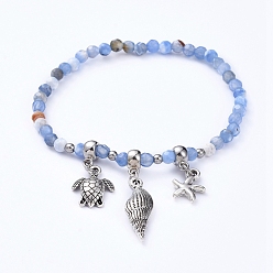 Natural Agate Dyed Natural Agate Stretch Bracelets, with Alloy Pendants and Tube Bails, Spiral Shell & Sea Turtle & Starfish, 2-1/8 inch(5.4cm)