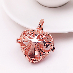 Rose Gold Brass Bead Cage Pendants, for Chime Ball Pendant Necklaces Making, Hollow, Heart with Cross Charm, Rose Gold, No Size