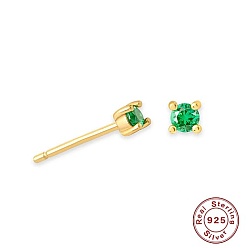 Green Golden Sterling Silver Micro Pave Cubic Zirconia Stud Earring, Square, Green, 4x4mm