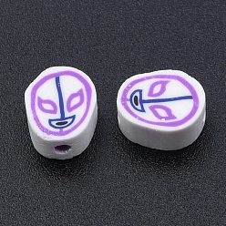 Magenta Handmade Polymer Clay Beads, Oval with Mask Pattern, Magenta, 10x8.5x4.5mm, Hole: 1.6mm