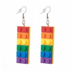 Colorful Toy Bricks Style Rainbow Opaque Acrylic Dangle Earring, with Platinum Plated Iron Earring Hooks, Colorful, 74mm, Pin: 0.8mm