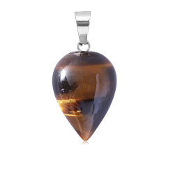 Tiger Eye Natural Tiger Eye Pendants, Teardrop Charms with Platinum Plated Metal Snap on Bails, 26x16mm