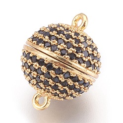 Golden Brass Micro Pave Cubic Zirconia Magnetic Clasps with Loops, Round, Black, Golden, 16x12mm, Hole: 1mm