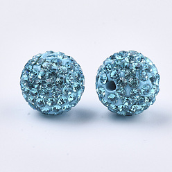Aquamarine Handmade Polymer Clay Rhinestone Beads, Round, Pave Disco Ball Beads, Aquamarine, PP13(1.9~2mm), 7 rows rhinestone, 11.5~12mm, Hole: 1.4mm
