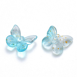 Turquoise Two Tone Transparent Spray Painted Glass Charms, with Glitter Powder, Butterfly, Turquoise, 9.5x11x3mm, Hole: 0.8mm