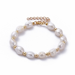 Golden Natural Baroque Pearl Keshi Pearl Beaded Bracelets, with Iron Chain Extender, Brass Beads and Spring Ring Clasps, Golden, 7-3/8 inch(18.6cm)