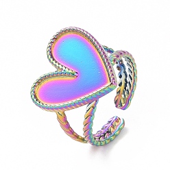 Rainbow Color Placage ionique (ip) 304 anneau de manchette ouvert en acier inoxydable, réglage de la bague, cœur, couleur arc en ciel, plateau de cœur: 16x16 mm, taille us 7 1/4 (17.5 mm)
