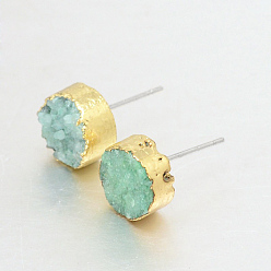 Pale Green Flat Round Natural Druzy Agate Stud Earrings, with Golden Plated Brass Findings, Pale Green, 10x6~7mm, Pin: 0.8mm