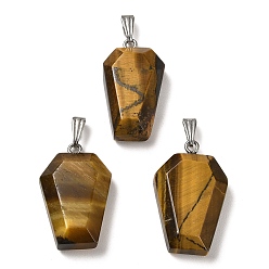 Tiger Eye Natural Tiger Eye Pendants, Faceted Hexagon Charms with Rack Plating Stainless Steel Color Plated 201 Stainless Steel Snap on Bails, Cadmium Free & Lead Free, 28.5~31x18~20x7~8mm, Hole: 3x8mm