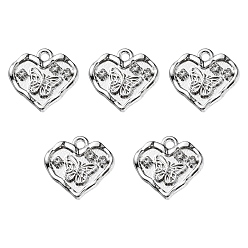 Platinum Alloy Crystal Rhinestone Pendants, Heart with Butterfly Charms, Platinum, 14x15x3mm, Hole: 1.6mm