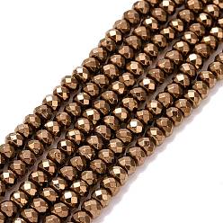 Copper Plated Rondelle Non-magnetic Synthetic Hematite Beads Strands, Imitation Pyrite, Faceted, Copper Plated, 3x2mm, Hole: 1mm, about 212pcs/strand, 16.3 inch