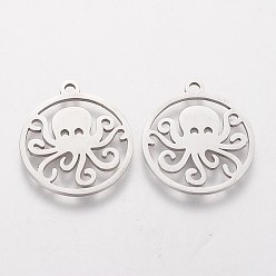 Stainless Steel Color 201 Stainless Steel Pendants, Flat Round with Octopus, Stainless Steel Color, 22.5x20x1.1mm, Hole: 1.5mm