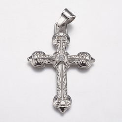 Stainless Steel Color 304 Stainless Steel Big Pendants, with Rhinestone, Cross, Stainless Steel Color, 38x55x4mm, Hole: 7x9mm