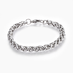 Stainless Steel Color 304 Stainless Steel Wheat Chain Bracelets, with Lobster Claw Clasps, Stainless Steel Color, 8-3/8 inch(21.4cm), 7mm